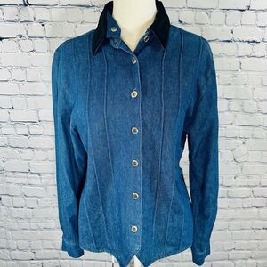 Vtg Napa Valley Petite Denim/black Velvet LS Western Blouse Sz S